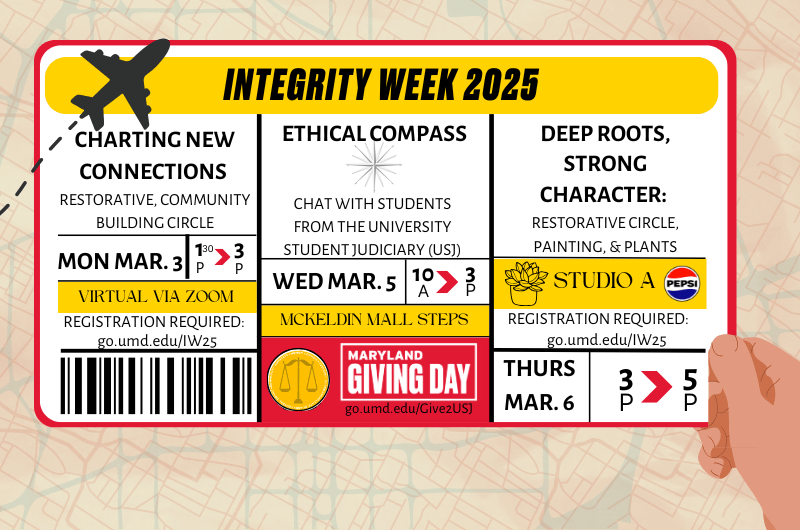 Calendar of events for Integrity week designed as a boarding pass